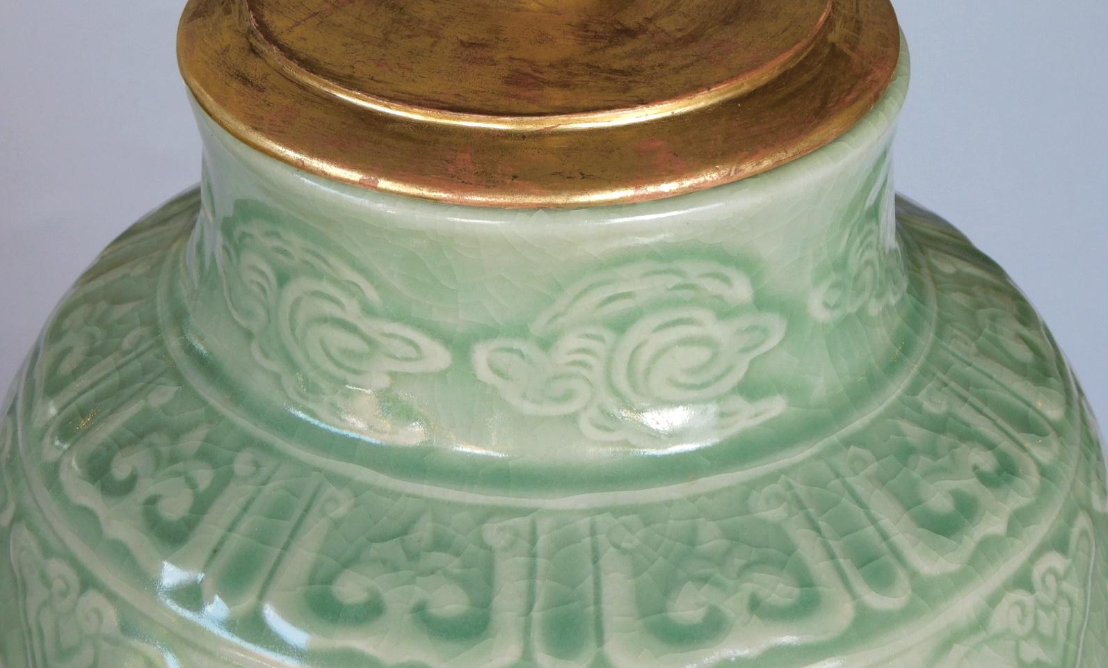 Pair of Chinese Carved Celadon Glazed Ovoid-form Lamps In Good Condition In San Francisco, CA