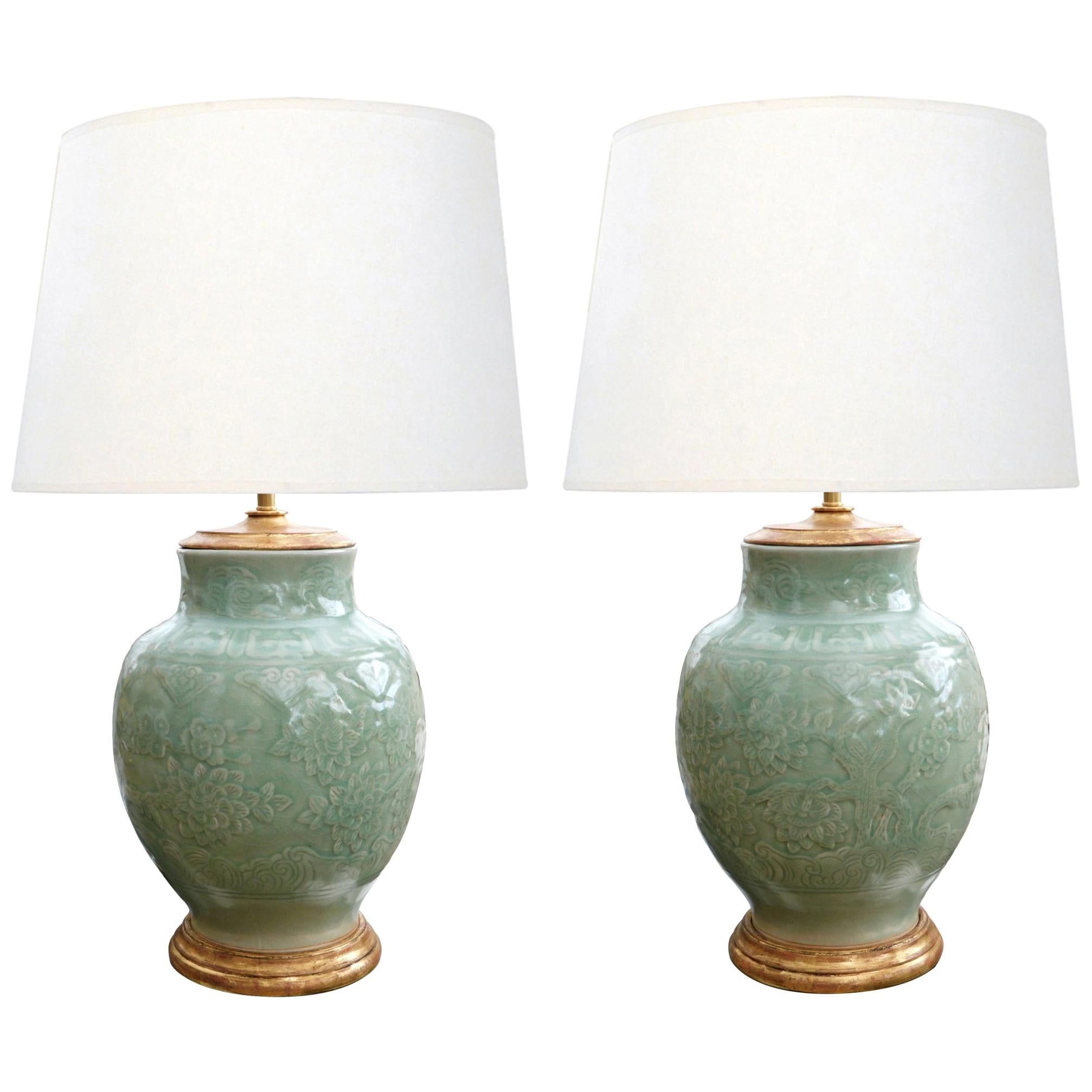Pair of Chinese Carved Celadon Glazed Ovoid-form Lamps