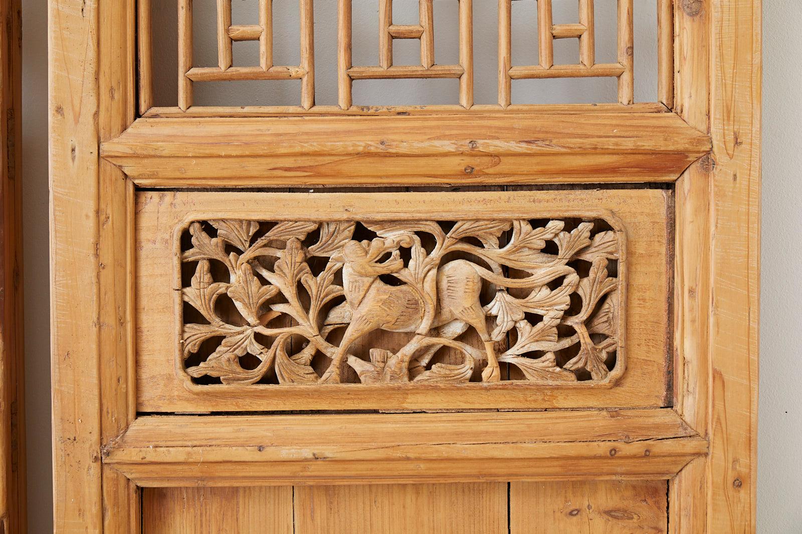Ming Pair of Chinese Carved Doors with Lattice Windows