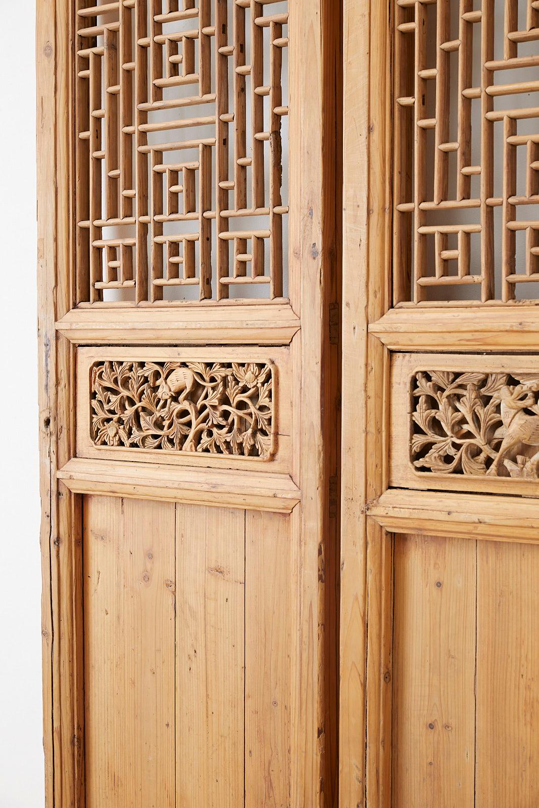 Hand-Carved Pair of Chinese Carved Doors with Lattice Windows