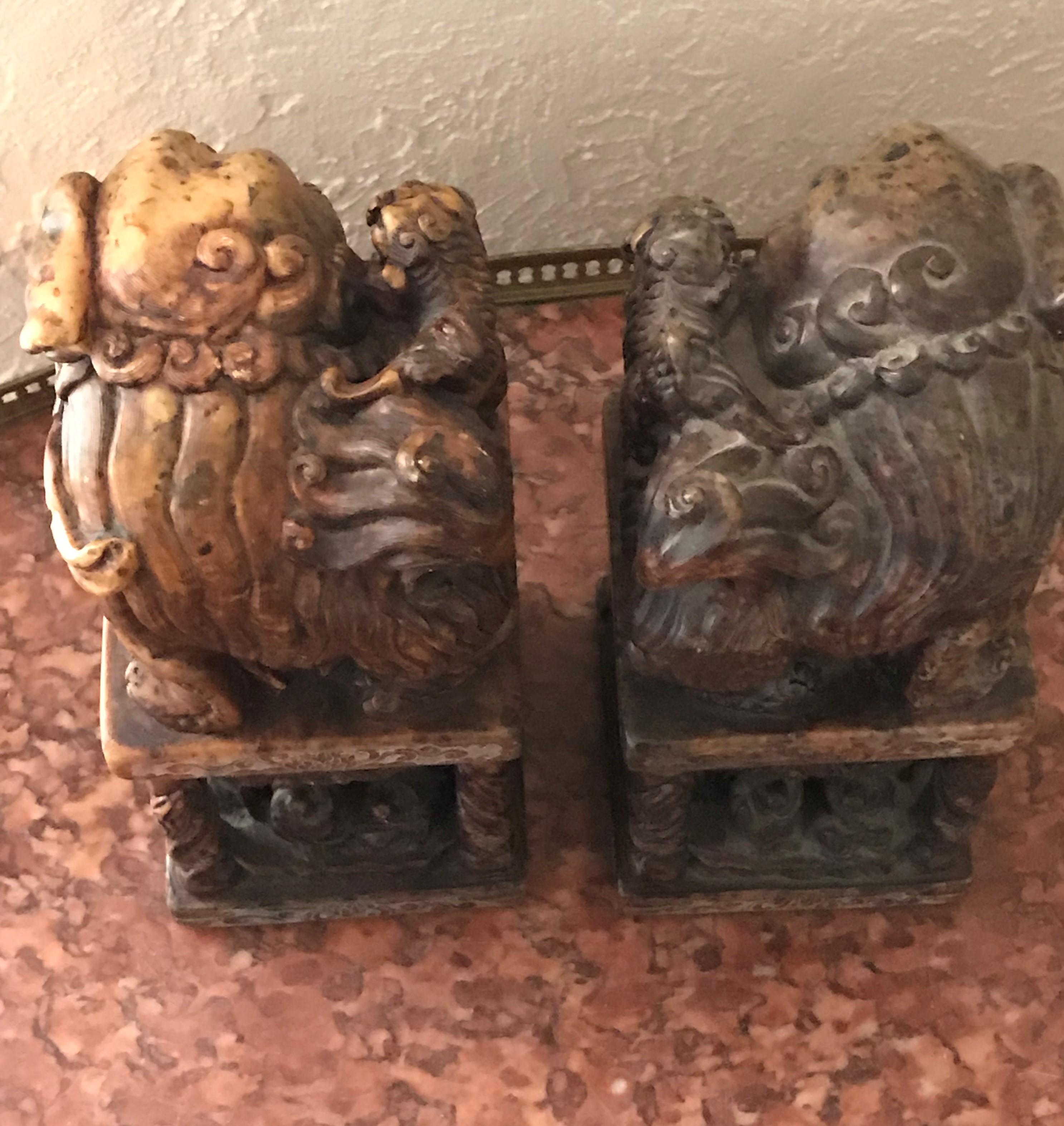 Pair of Chinese Carved Hardstone Seal Chop Foo Dogs, circa 1900 In Good Condition For Sale In Seattle, WA