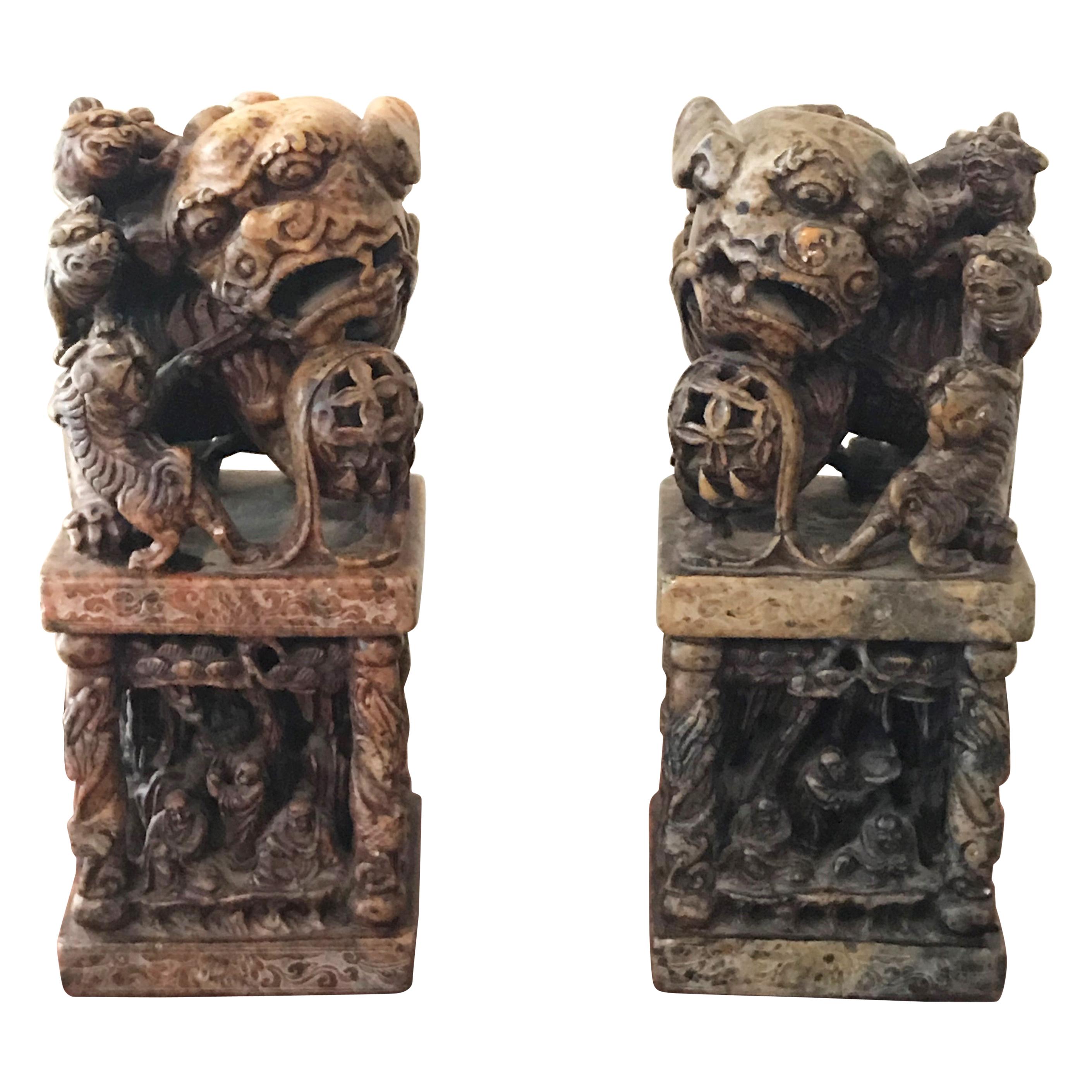 Pair of Chinese Carved Hardstone Seal Chop Foo Dogs, circa 1900 For Sale