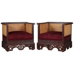 Pair of Chinese Carved Hardwood and Cane Upholstered Cube Chairs, 20th Century