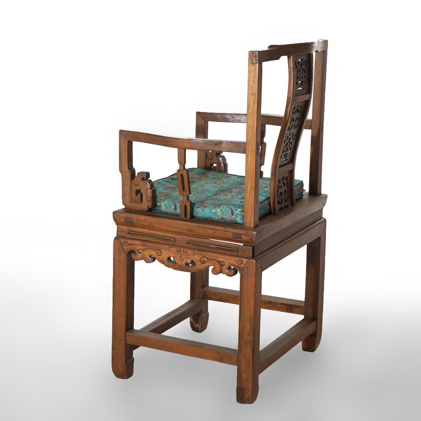 Pair of Chinese Carved Hardwood Throne Armchairs with Silk Cushions Mid-20thC For Sale 6