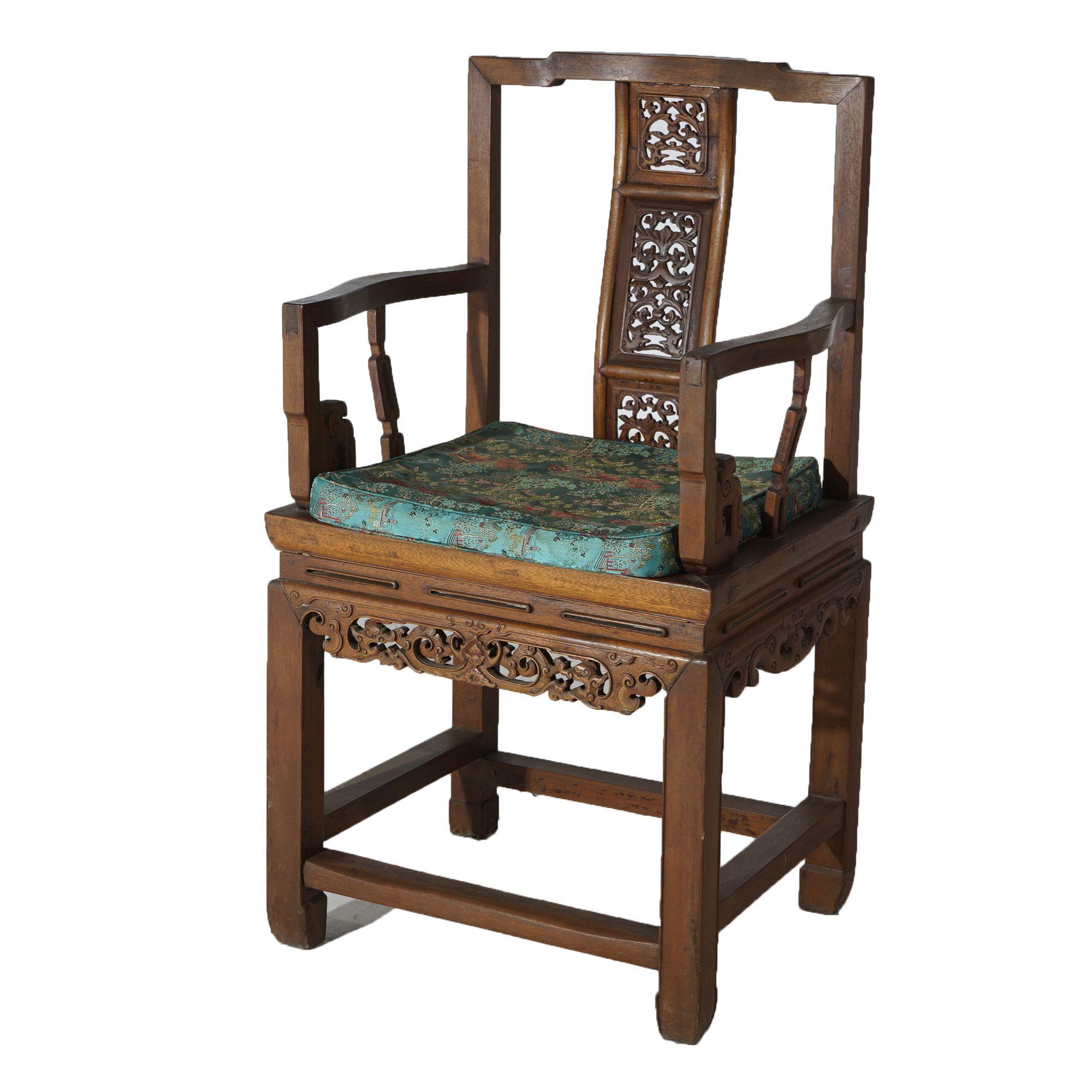 Pair of Chinese Carved Hardwood Throne Armchairs with Silk Cushions Mid-20thC For Sale 8