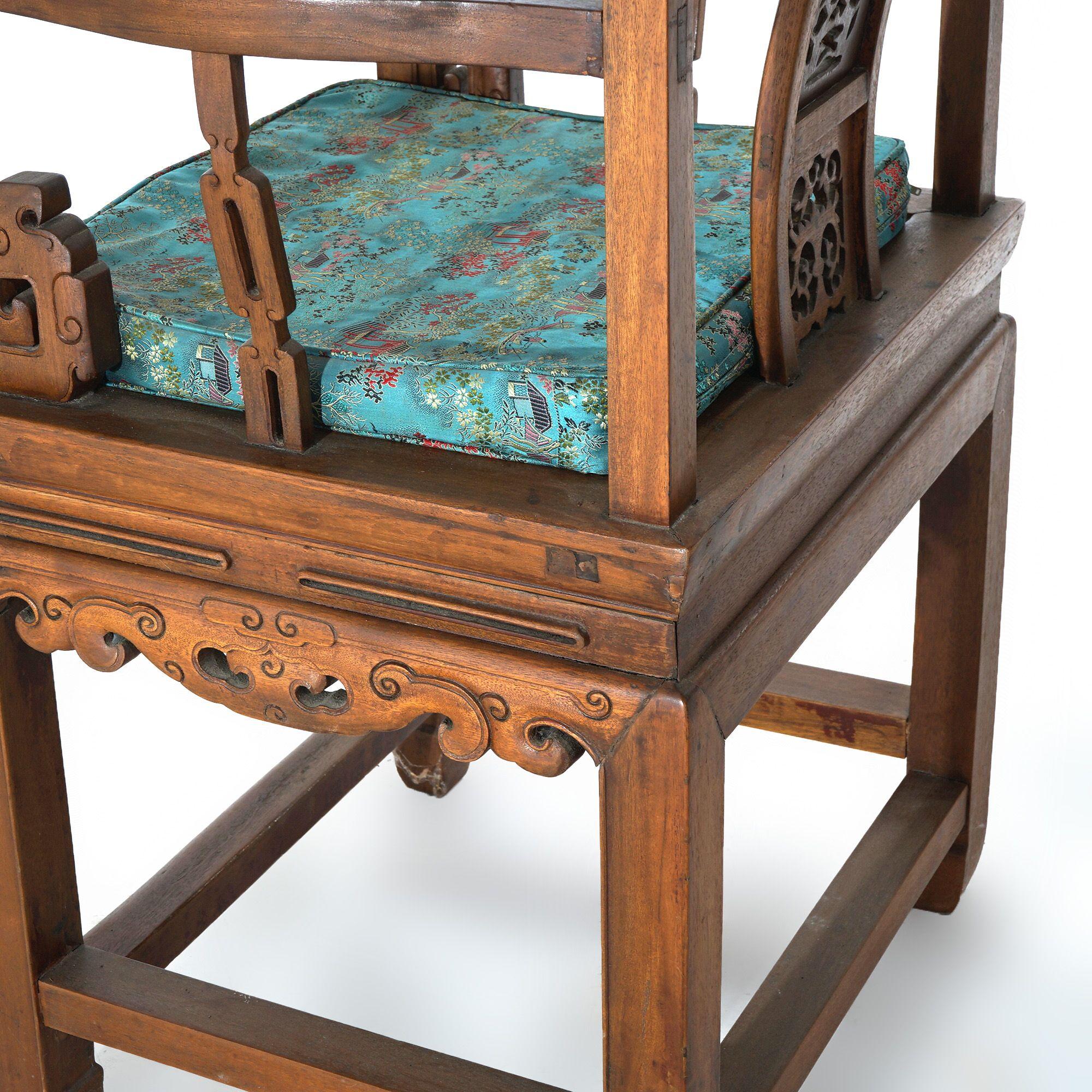 Pair of Chinese Carved Hardwood Throne Armchairs with Silk Cushions Mid-20thC For Sale 9
