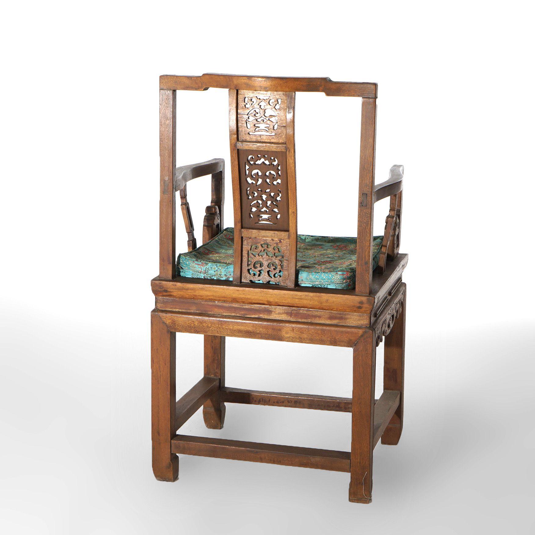 Pair of Chinese Carved Hardwood Throne Armchairs with Silk Cushions Mid-20thC For Sale 10