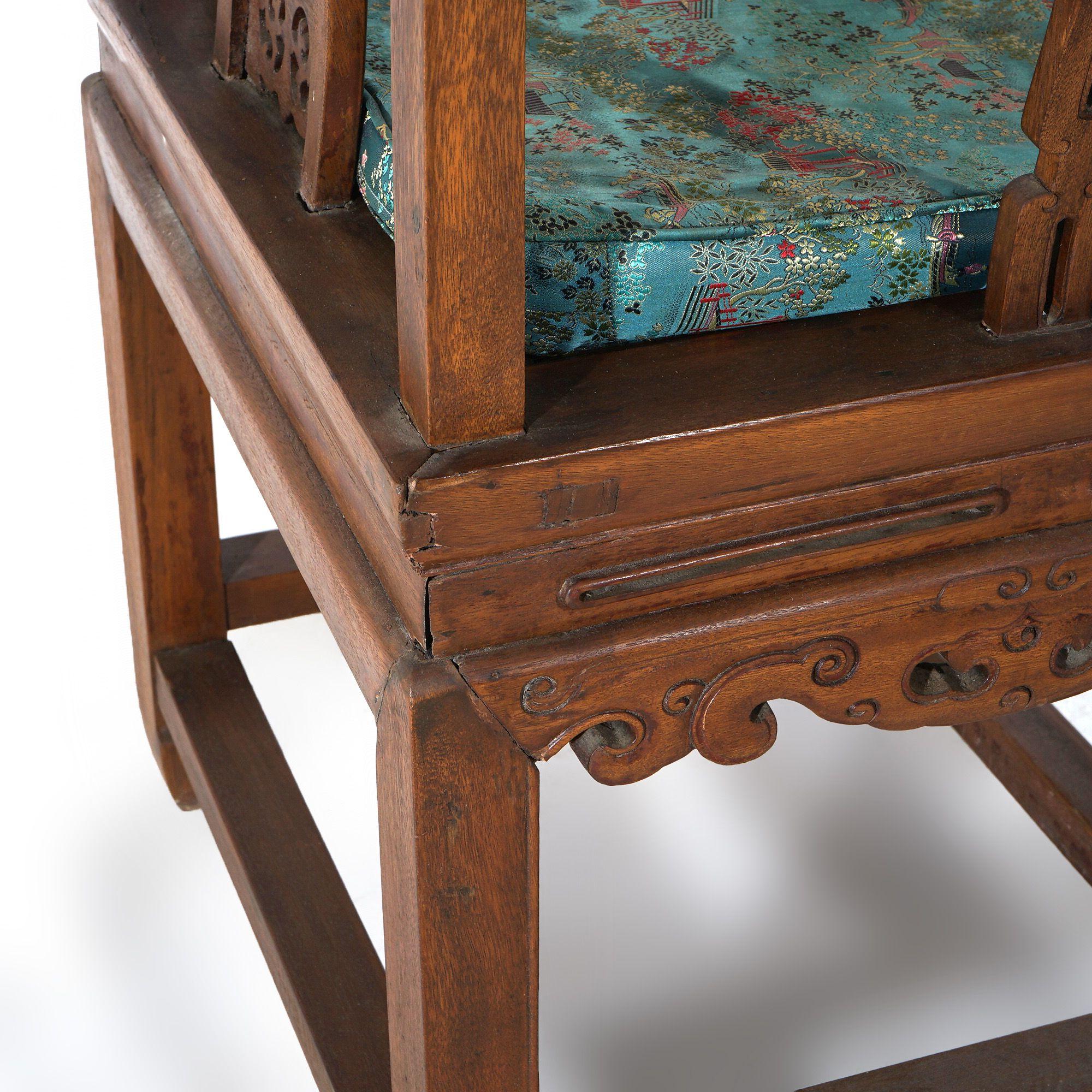 Pair of Chinese Carved Hardwood Throne Armchairs with Silk Cushions Mid-20thC For Sale 12