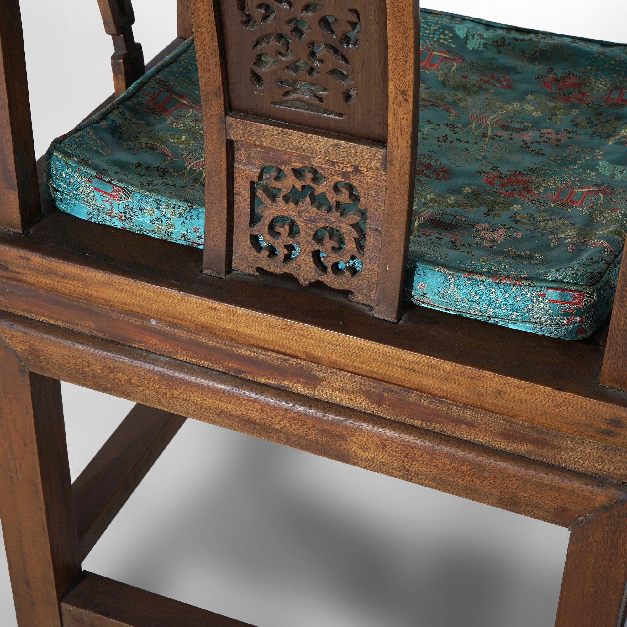 Pair of Chinese Carved Hardwood Throne Armchairs with Silk Cushions Mid-20thC For Sale 13