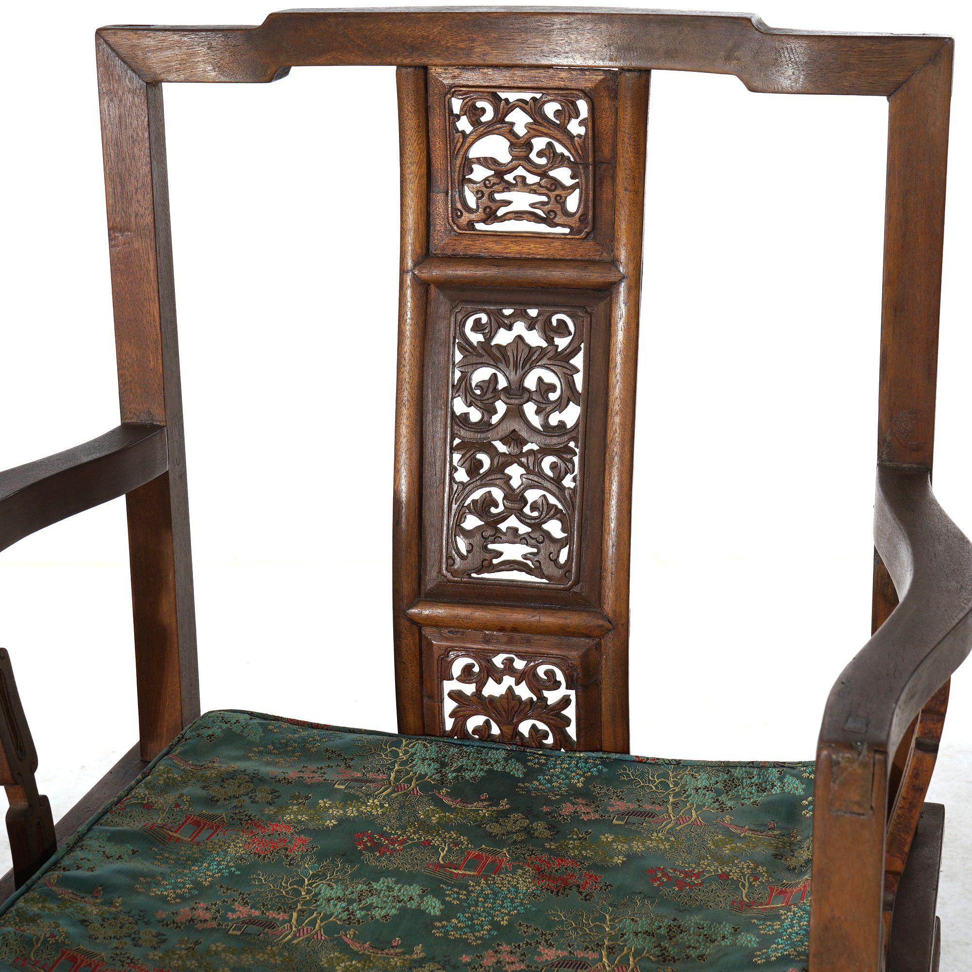 Pair of Chinese Carved Hardwood Throne Armchairs with Silk Cushions Mid-20thC In Good Condition For Sale In Big Flats, NY