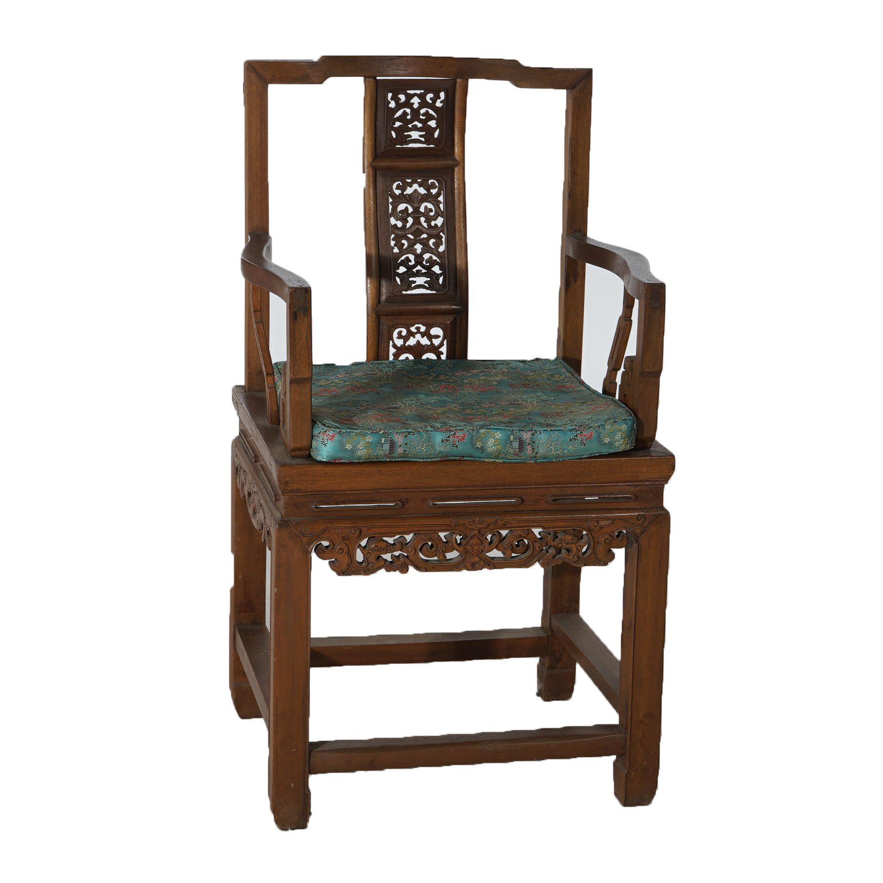20th Century Pair of Chinese Carved Hardwood Throne Armchairs with Silk Cushions Mid-20thC For Sale