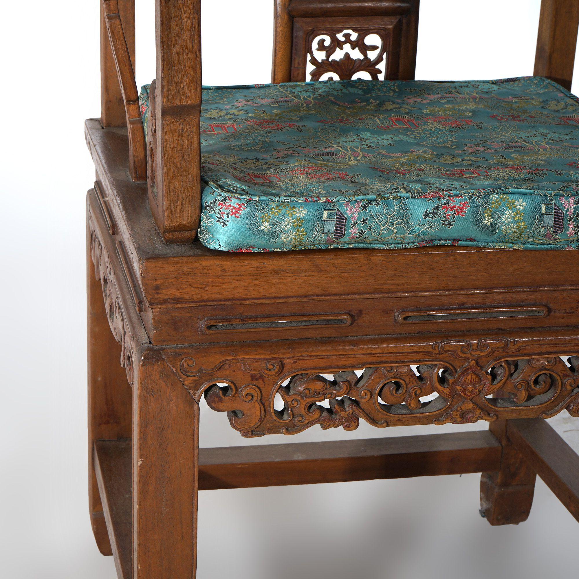 Pair of Chinese Carved Hardwood Throne Armchairs with Silk Cushions Mid-20thC For Sale 1