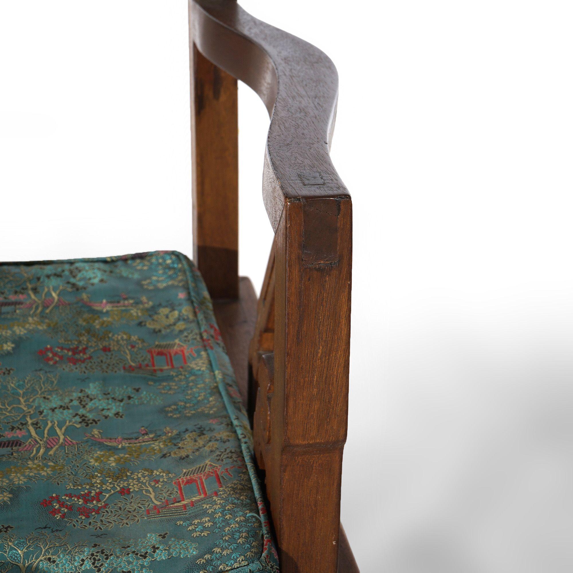 Pair of Chinese Carved Hardwood Throne Armchairs with Silk Cushions Mid-20thC For Sale 3
