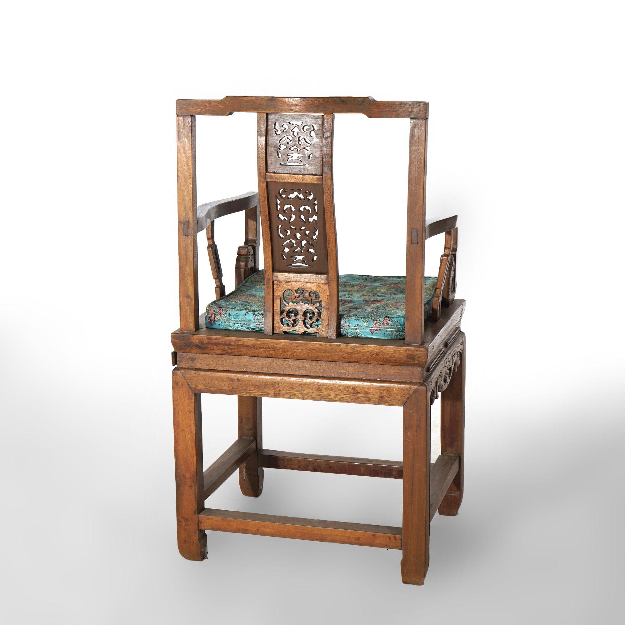 Pair of Chinese Carved Hardwood Throne Armchairs with Silk Cushions Mid-20thC For Sale 4