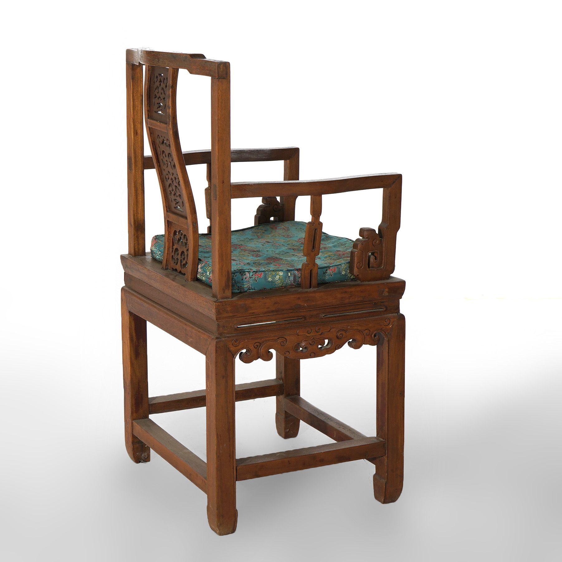 Pair of Chinese Carved Hardwood Throne Armchairs with Silk Cushions Mid-20thC For Sale 5