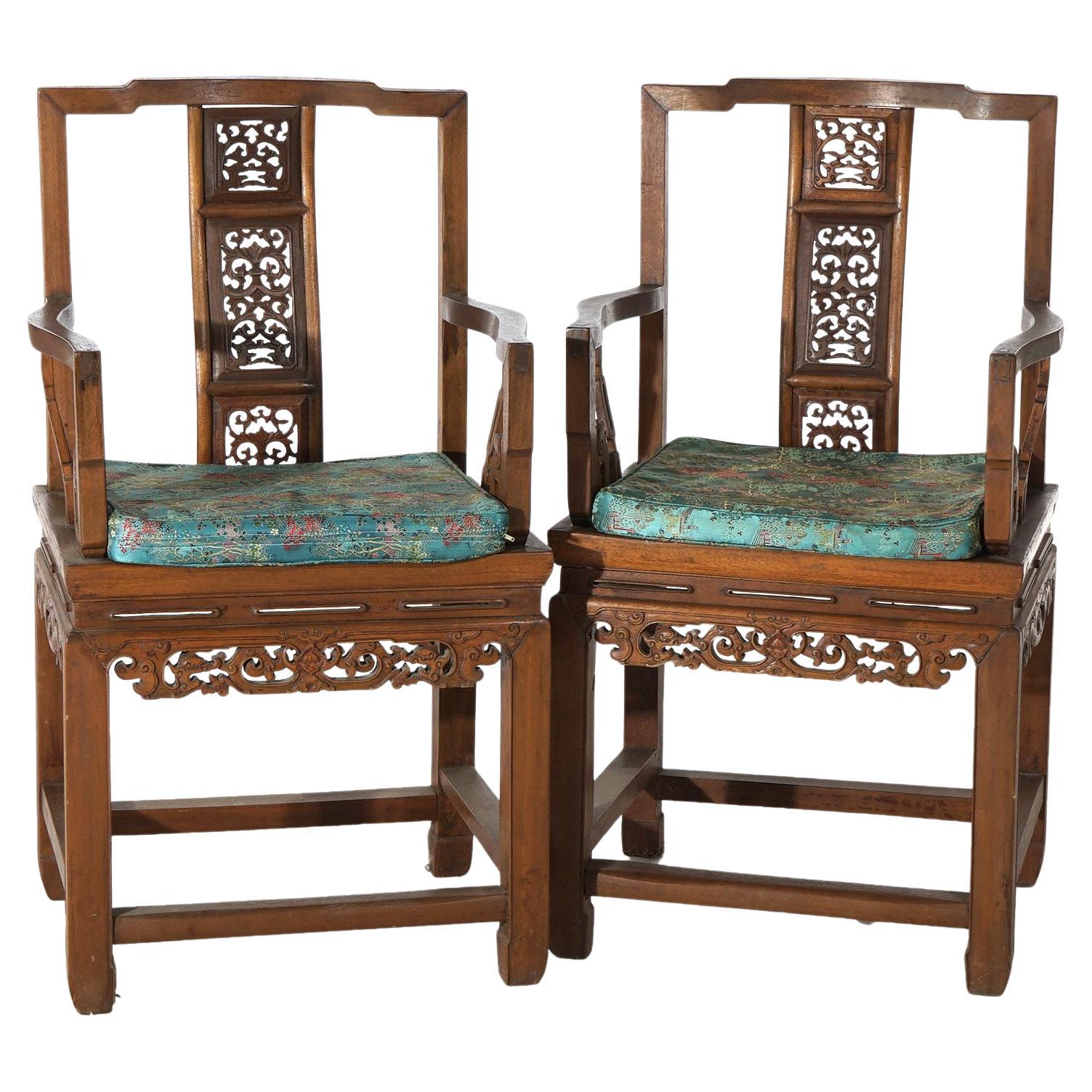 Pair of Chinese Carved Hardwood Throne Armchairs with Silk Cushions Mid-20thC For Sale