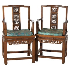 Retro Pair of Chinese Carved Hardwood Throne Armchairs with Silk Cushions Mid-20thC