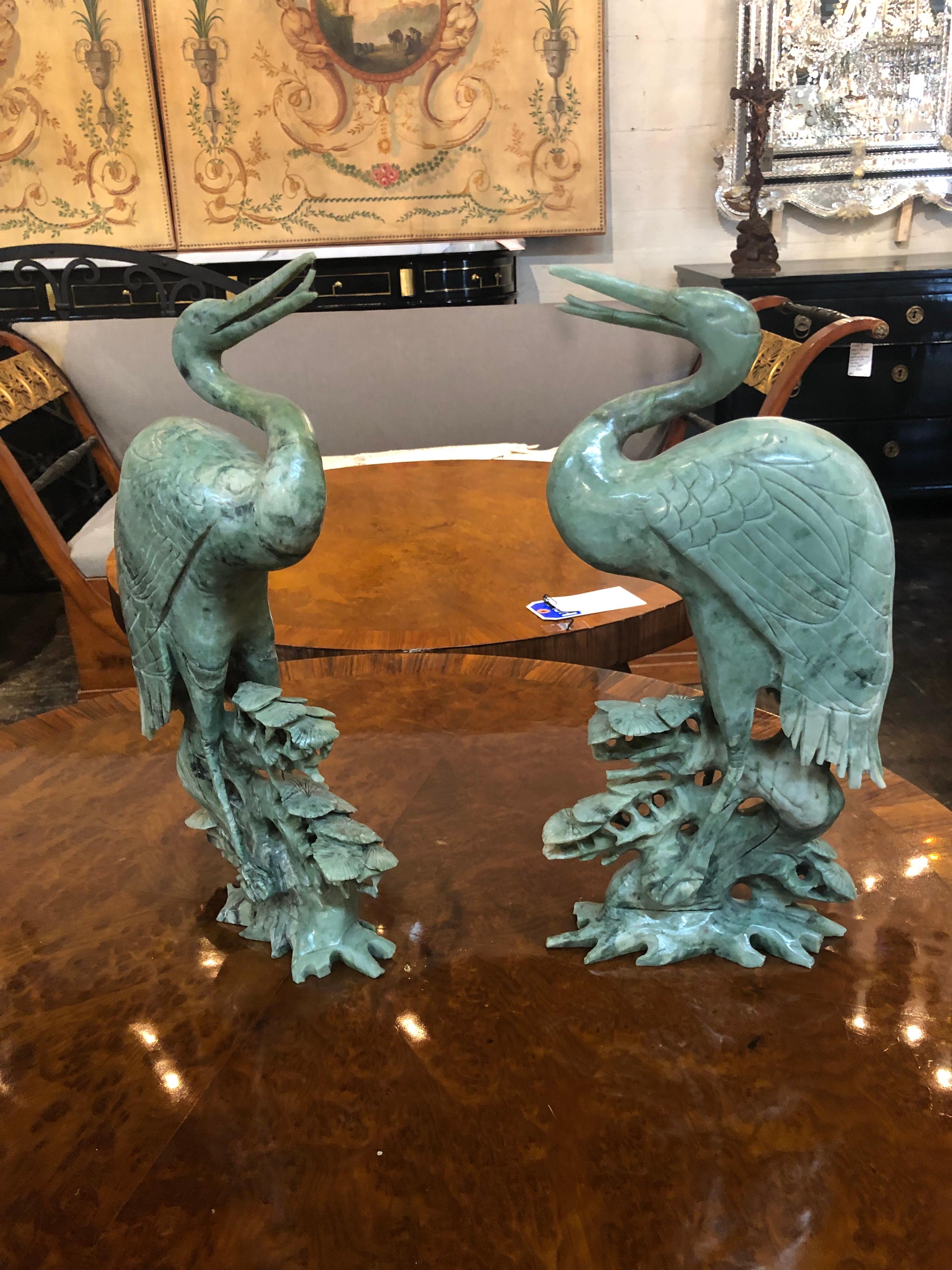 Pair of Chinese Carved Jade Cranes In Good Condition In Dallas, TX