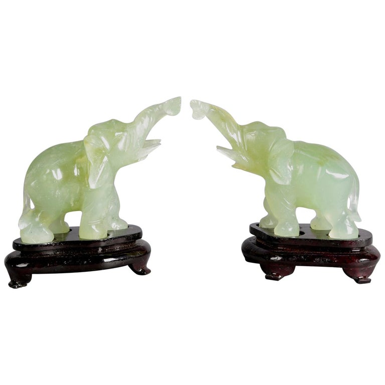 Pair of Chinese Carved Jade "Good Luck" Elephant Sculptures, 20th