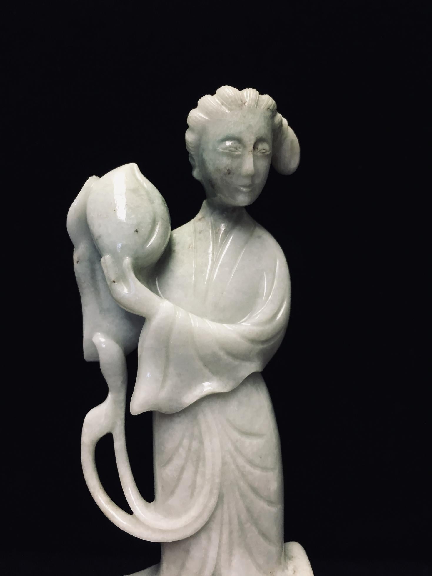 Hand-Carved Pair of Chinese Carved Jade Maidens
