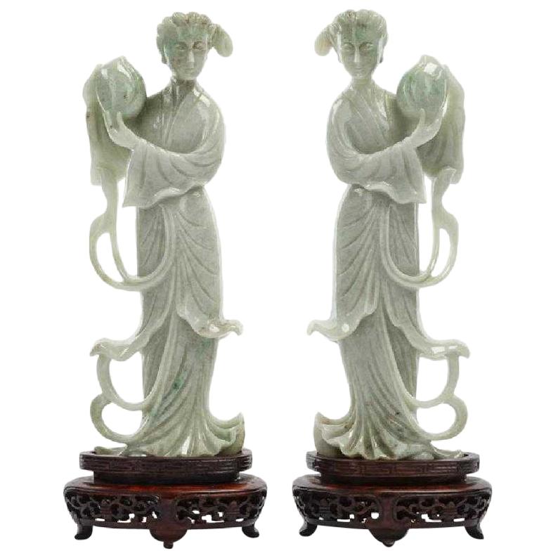Pair of Chinese Carved Jade Maidens