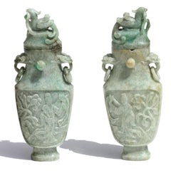 Pair of Chinese Carved Jadeite Archaistic Vases and Covers