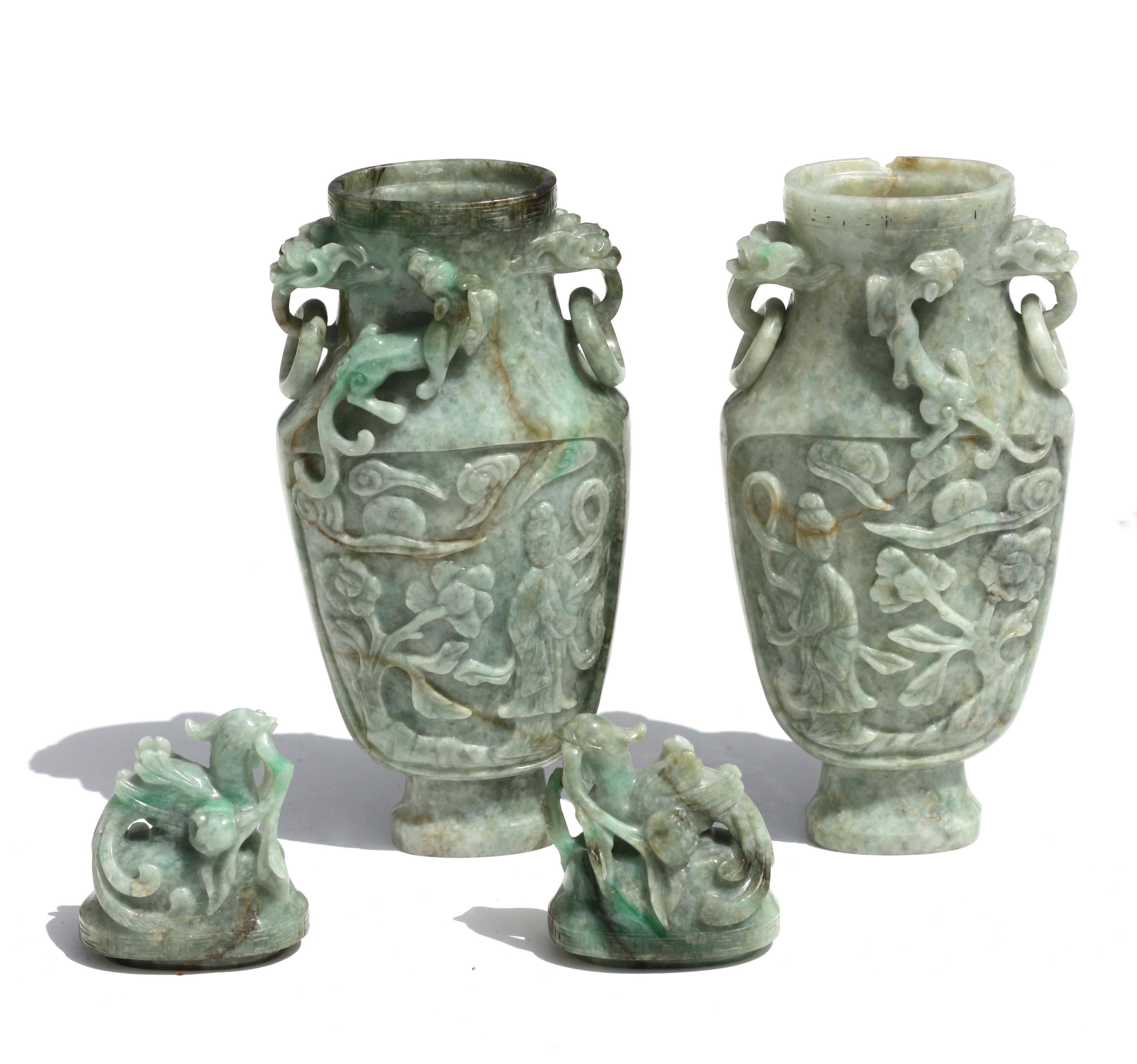Pair of Chinese Carved Jadeite Archaistic Vases and Covers In Good Condition For Sale In West Palm Beach, FL