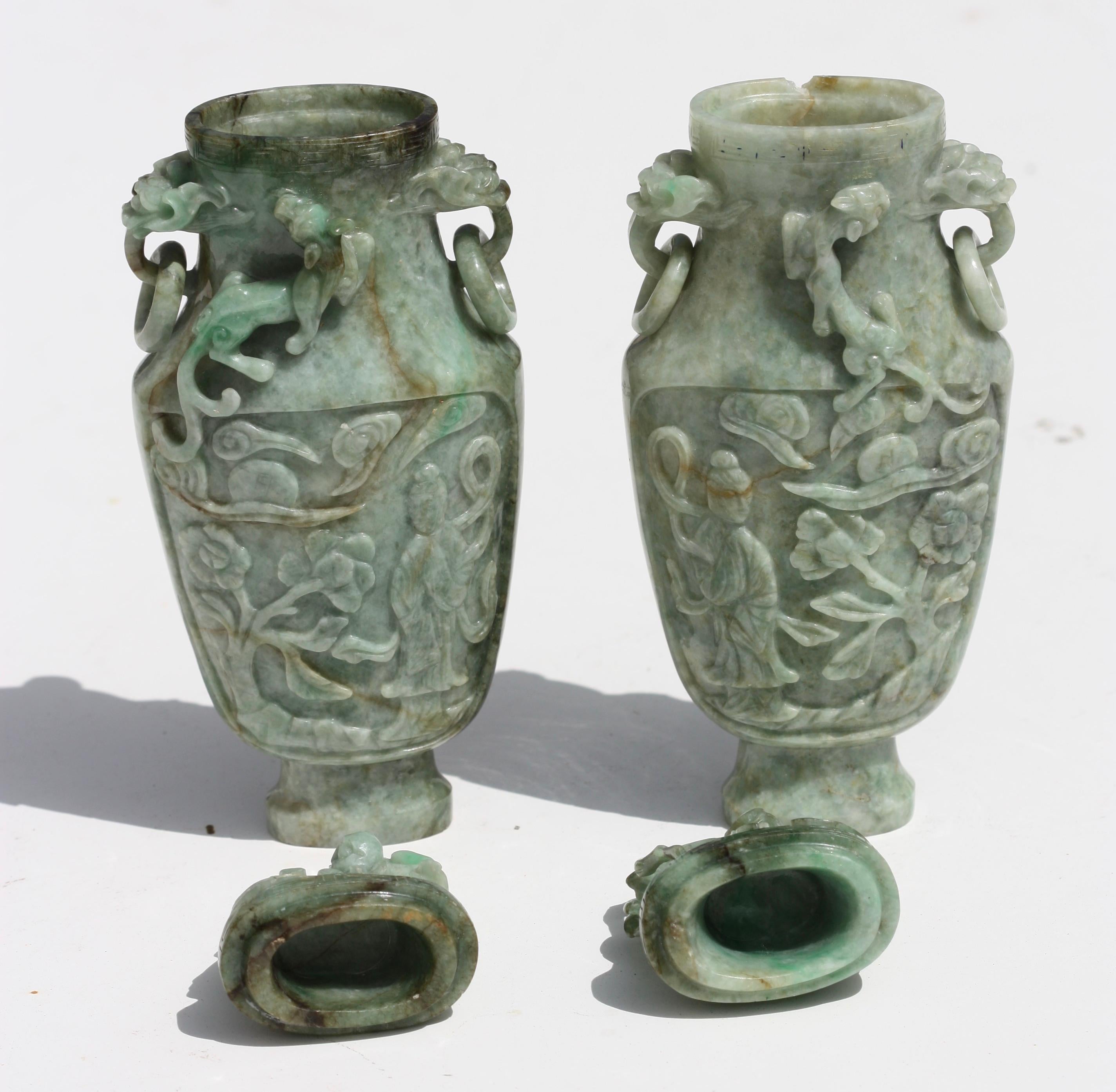 20th Century Pair of Chinese Carved Jadeite Archaistic Vases and Covers For Sale