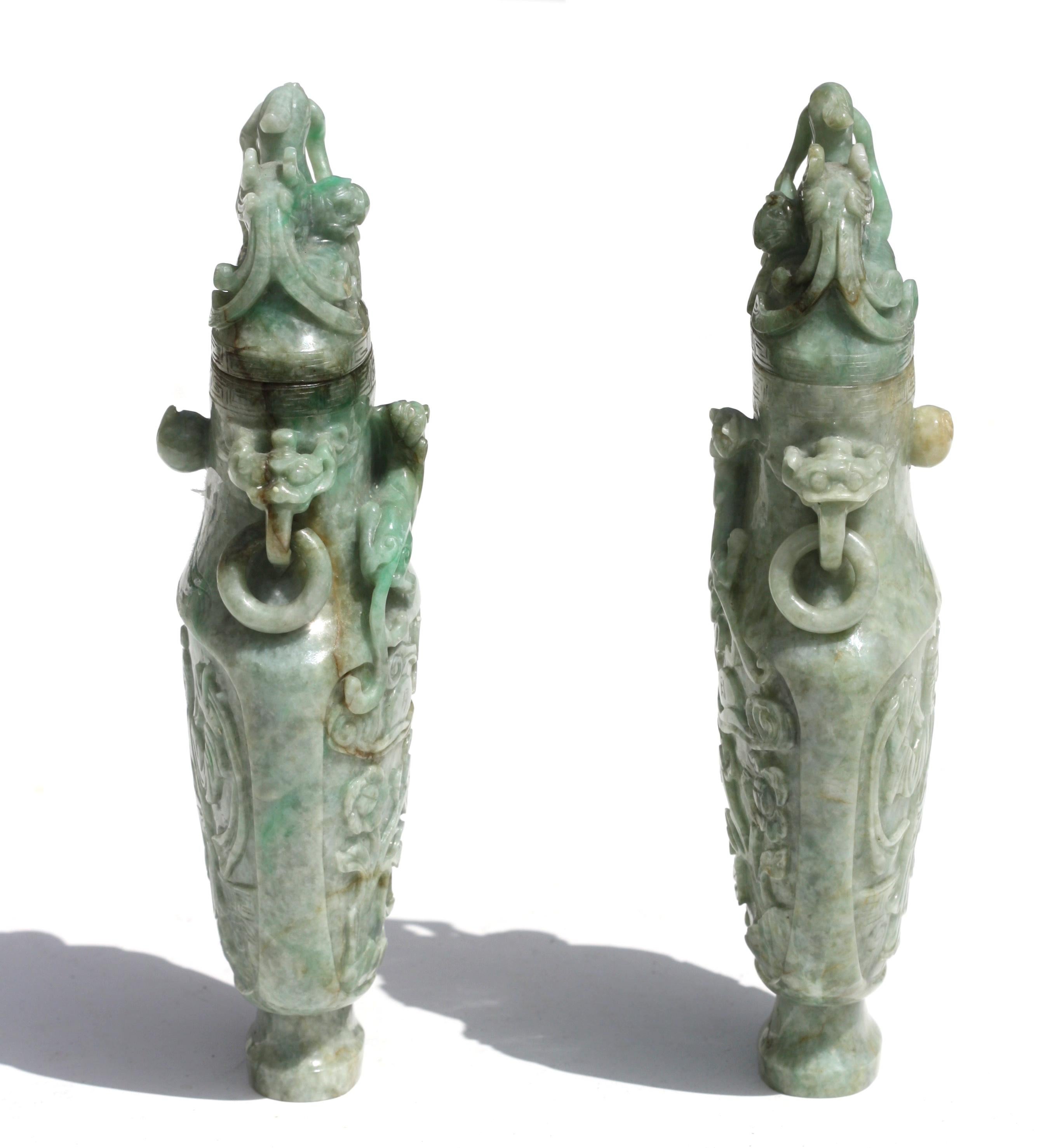 Other Pair of Chinese Carved Jadeite Archaistic Vases and Covers For Sale