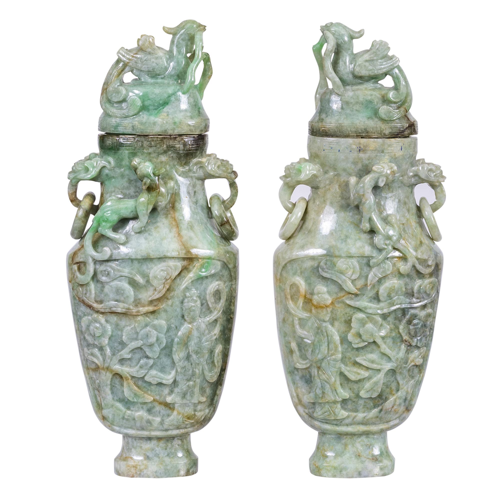 Pair of Chinese Carved Jadeite Archaistic Vases and Covers For Sale 1