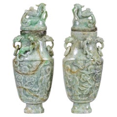 Vintage Pair of Chinese Carved Jadeite Archaistic Vases and Covers