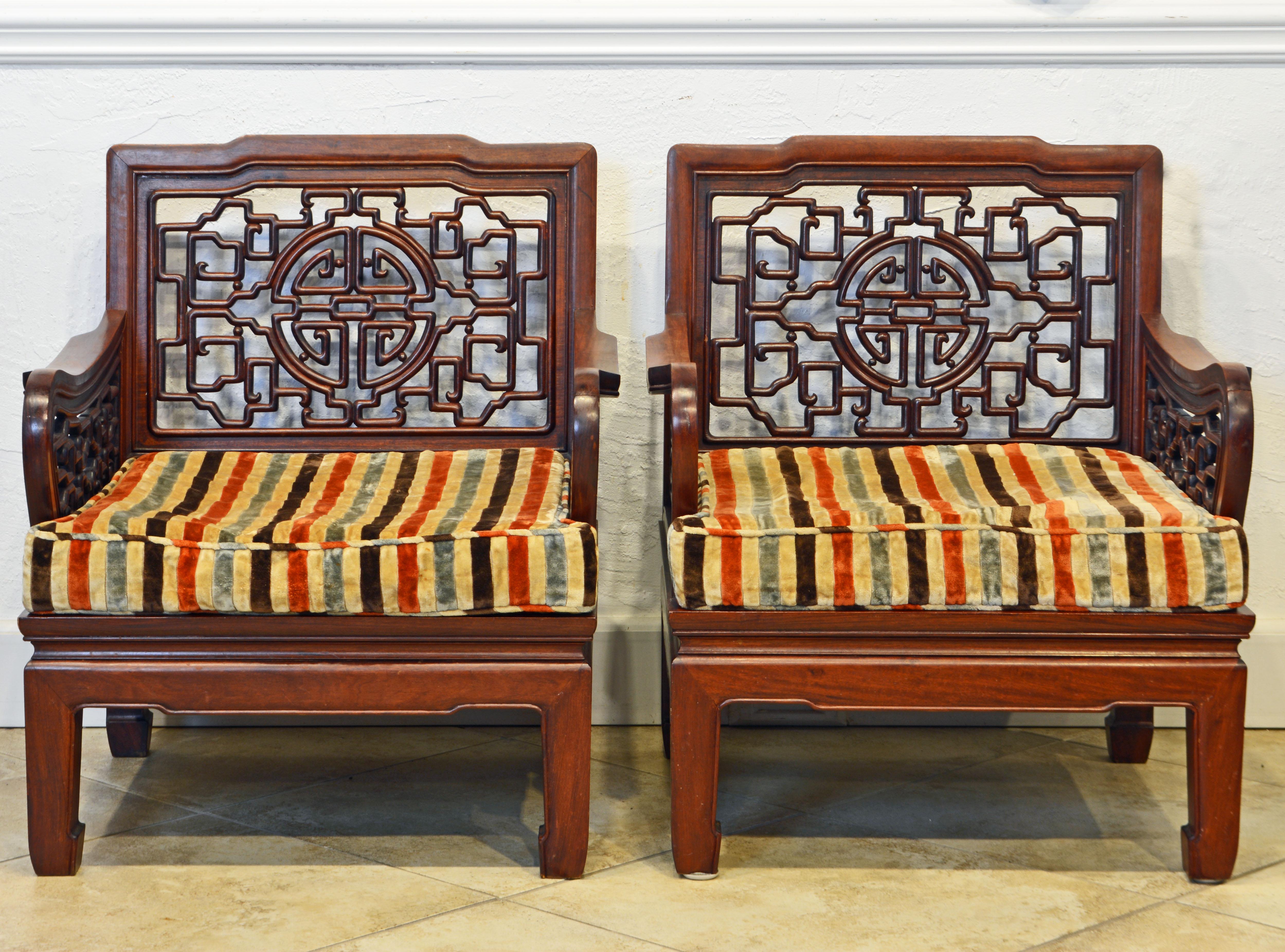 Chinoiserie Pair of Chinese Carved Mahogany Ming Style Low Club or Lounge Chairs, circa 1940