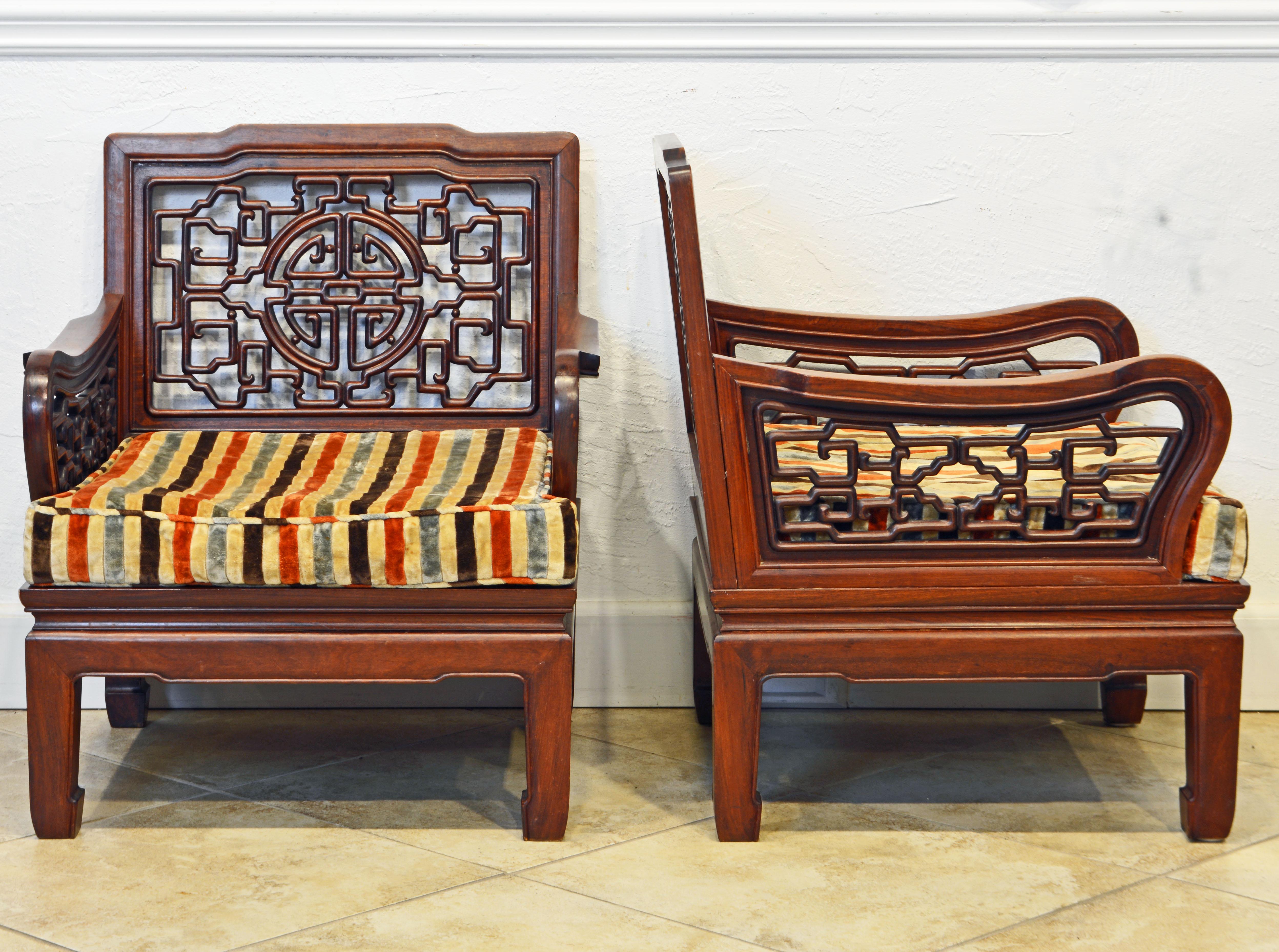 Hong Kong Pair of Chinese Carved Mahogany Ming Style Low Club or Lounge Chairs, circa 1940