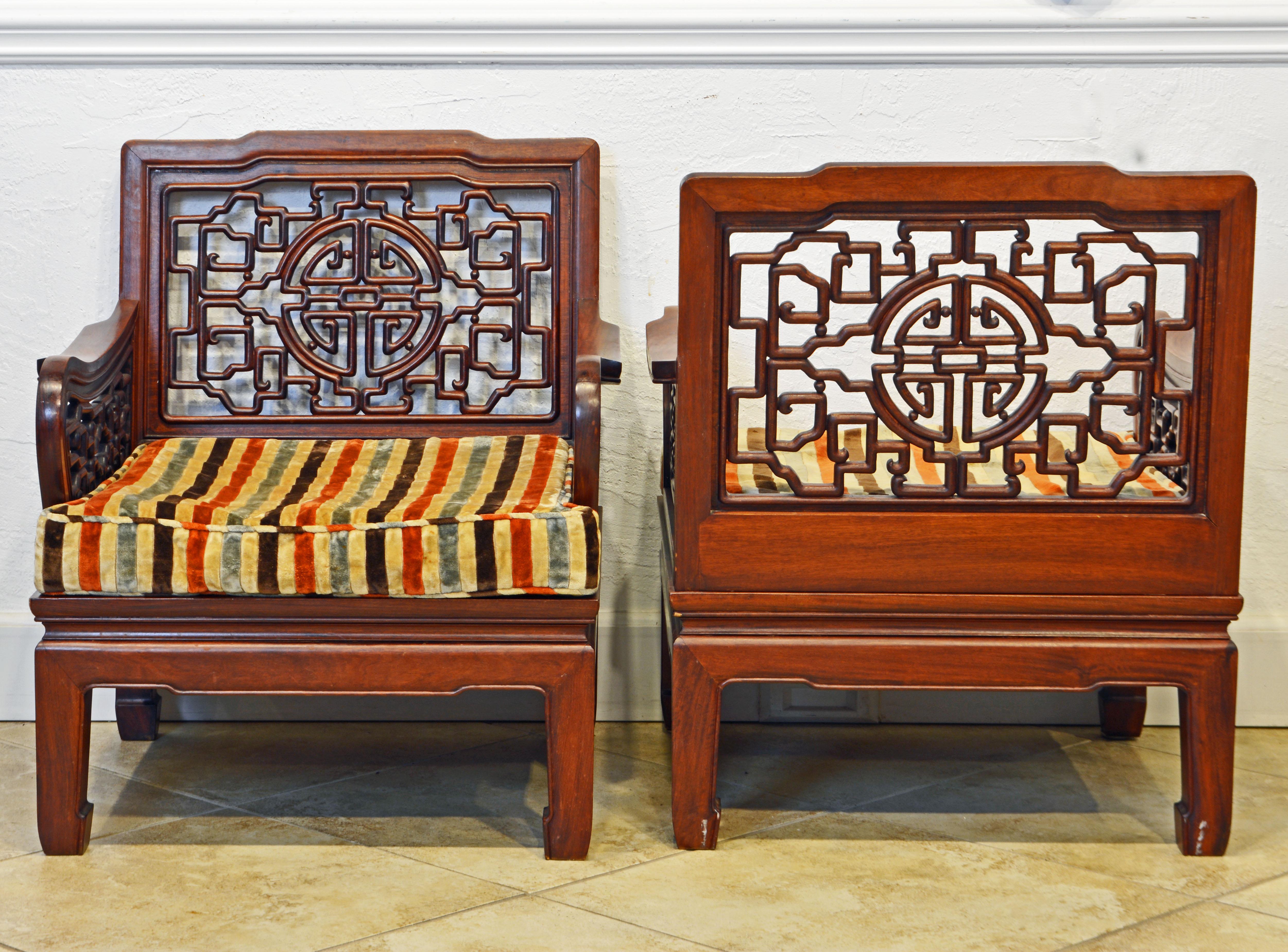 Pair of Chinese Carved Mahogany Ming Style Low Club or Lounge Chairs, circa 1940 In Good Condition In Ft. Lauderdale, FL