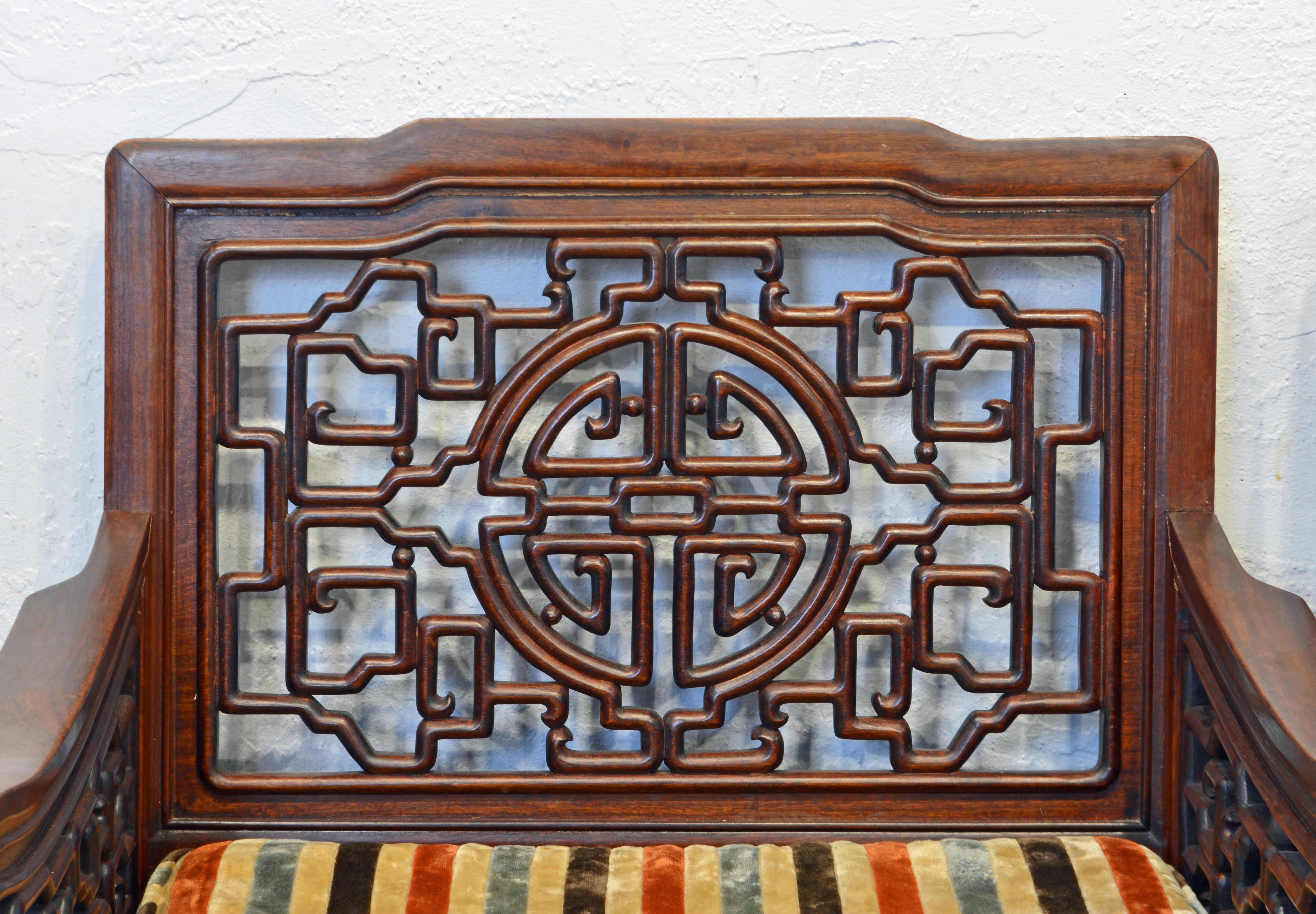 Pair of Chinese Carved Mahogany Ming Style Low Club or Lounge Chairs, circa 1940 1