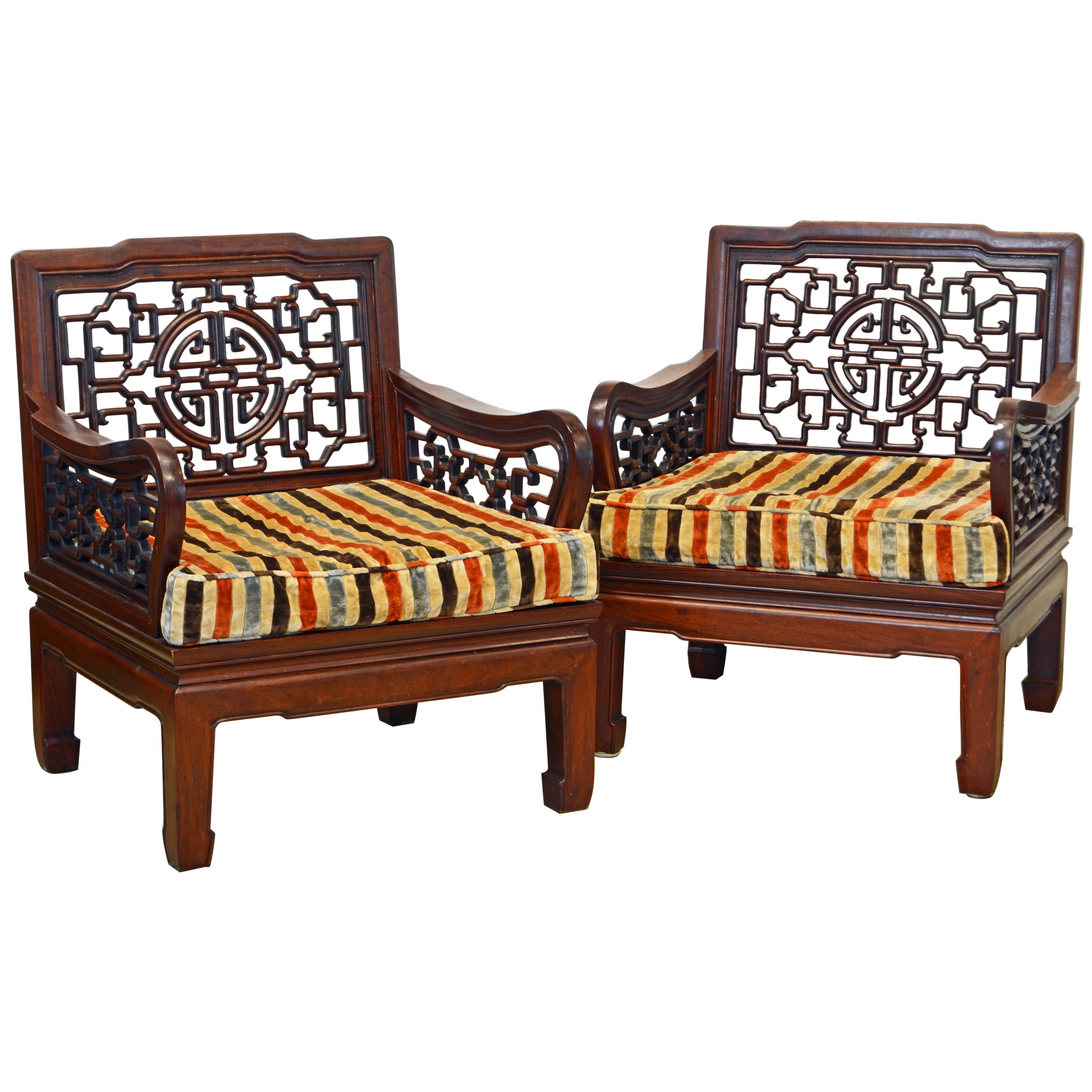Pair of Chinese Carved Mahogany Ming Style Low Club or Lounge Chairs, circa 1940
