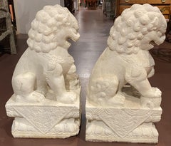 Pair of Chinese Carved Marble Foo Dog or Shishi Sculptures