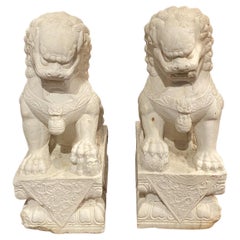 Pair of Chinese Carved Marble Foo Dog or Shishi Sculptures