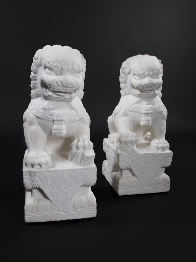 Pair of Chinese Carved Marble Foo Dogs at 1stDibs