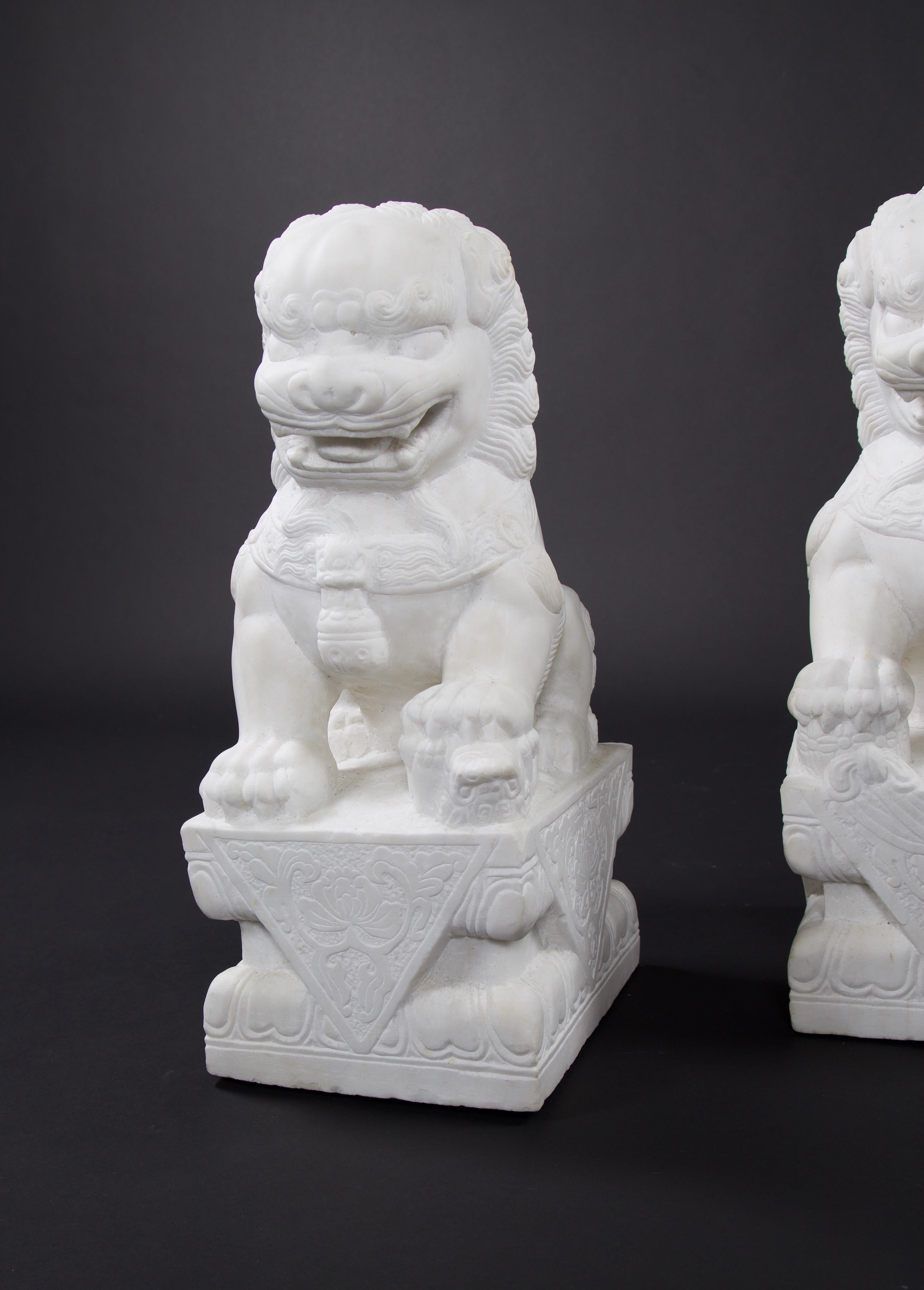 Pair of Chinese Carved Marble Foo Dogs 1