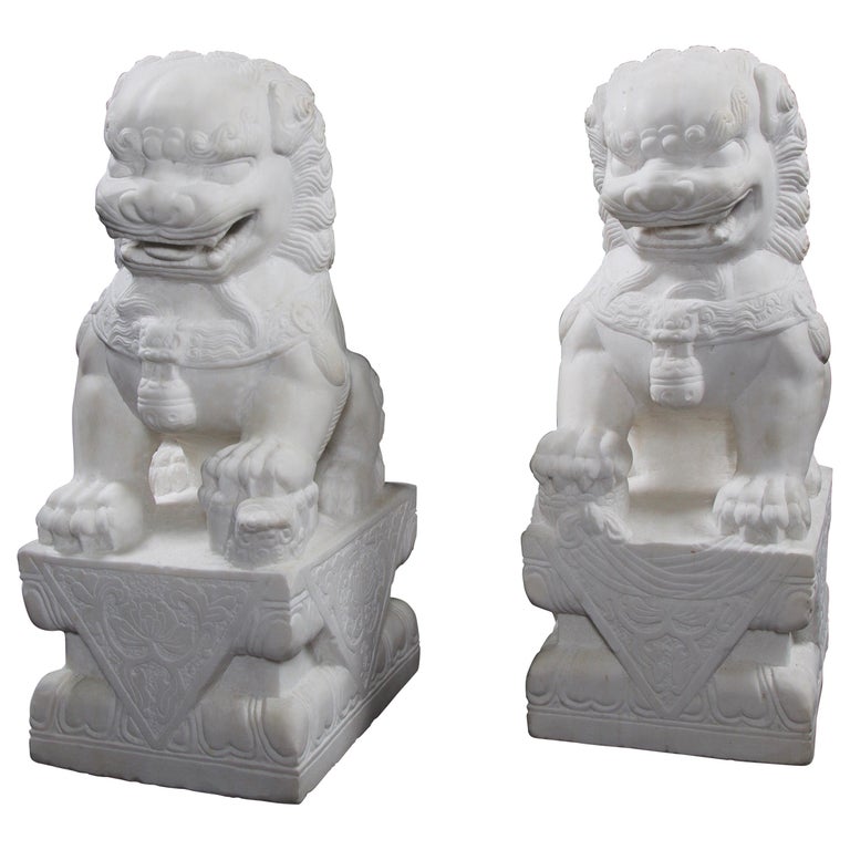 Pair of Chinese Carved Marble Foo Dogs at 1stDibs