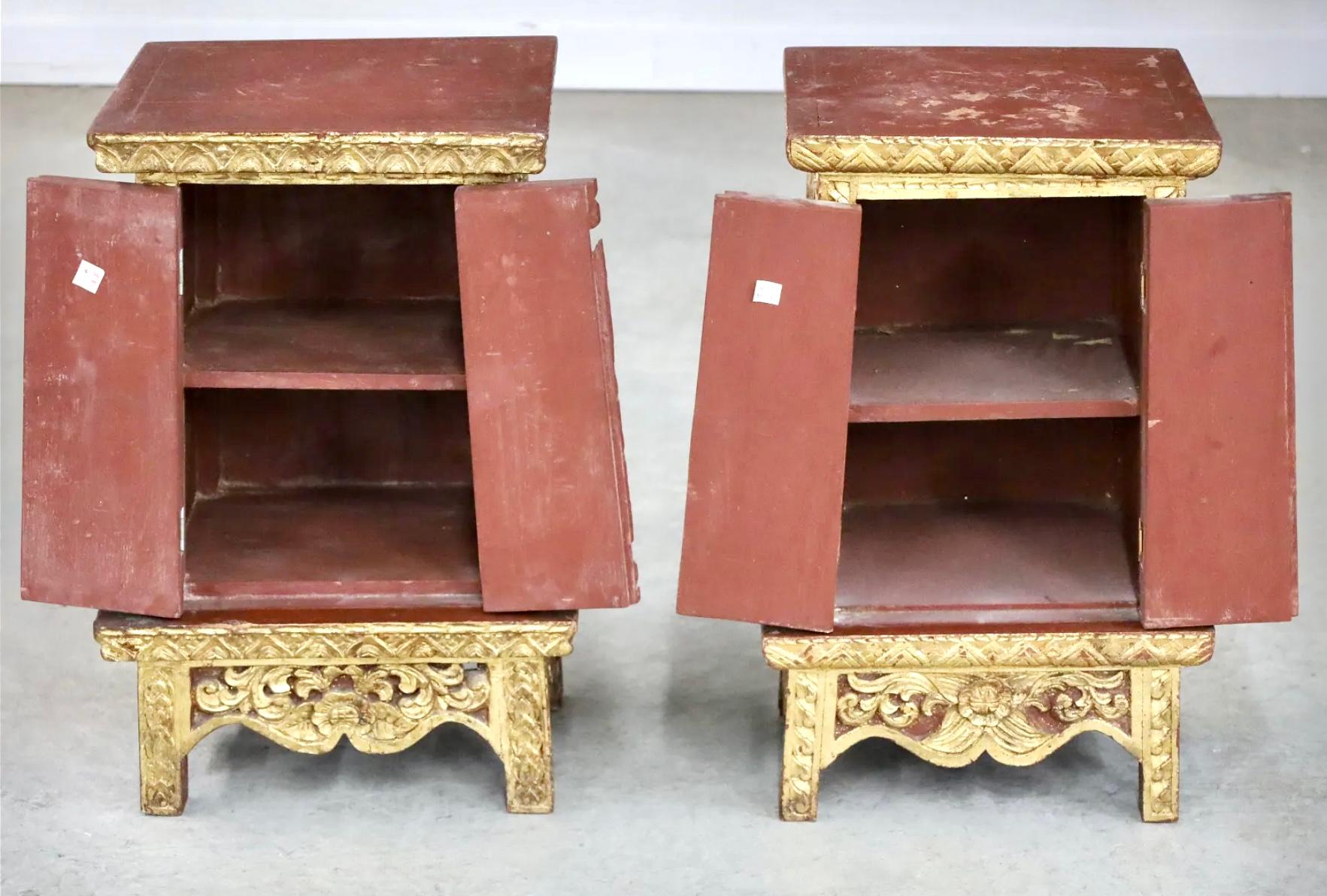 Tibetan Pair Of Chinese Carved Painted And Giltwood Cabinets For Sale