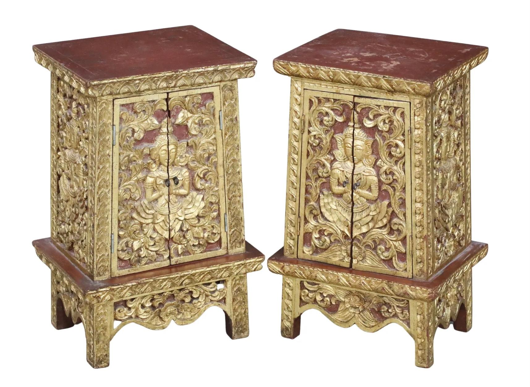 Pair Of Chinese Carved Painted And Giltwood Cabinets In Good Condition For Sale In Bradenton, FL