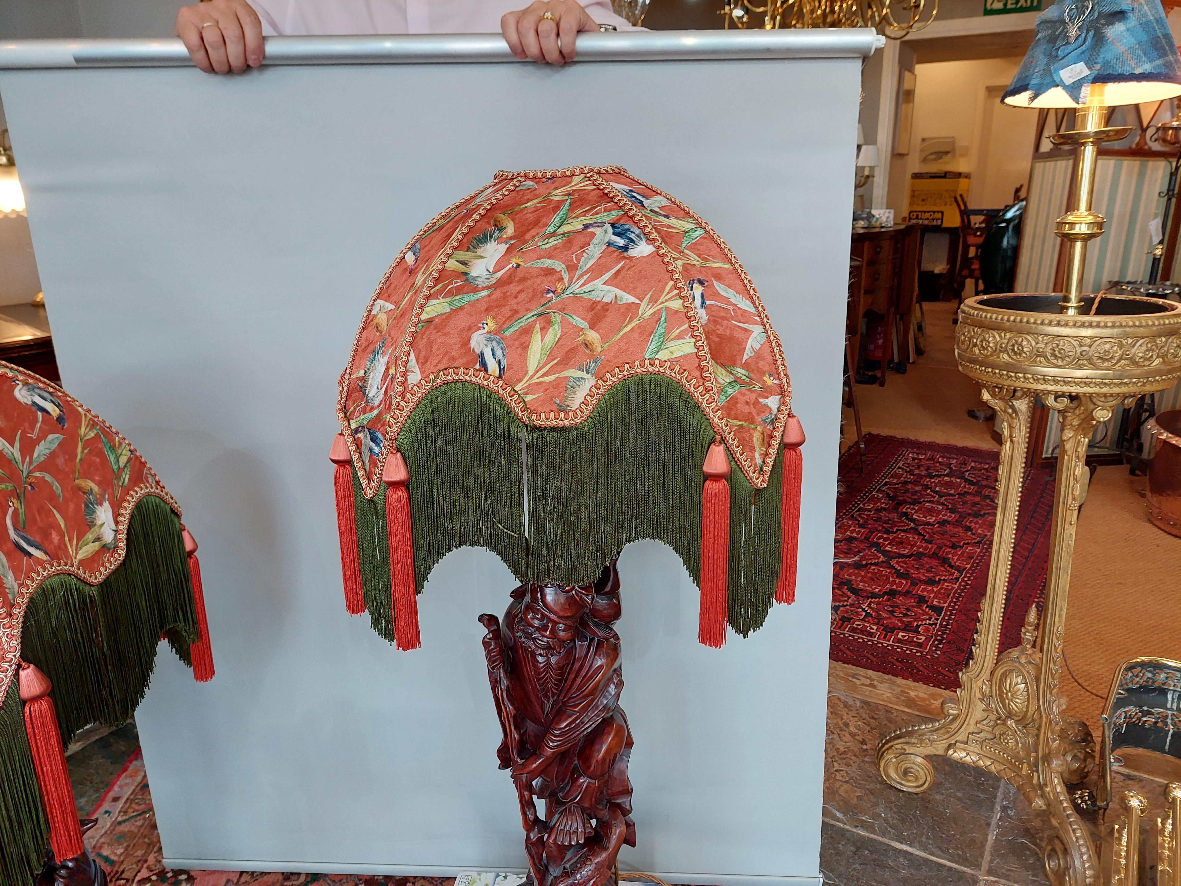 Pair of Chinese carved root wood figural lamp bases, worked as fishermen and converted to electric lamps -  The lampshade(s) are newly handmade silks by the same maker as provides the shades for Downton Abbey - all lights and lamps have been rewired