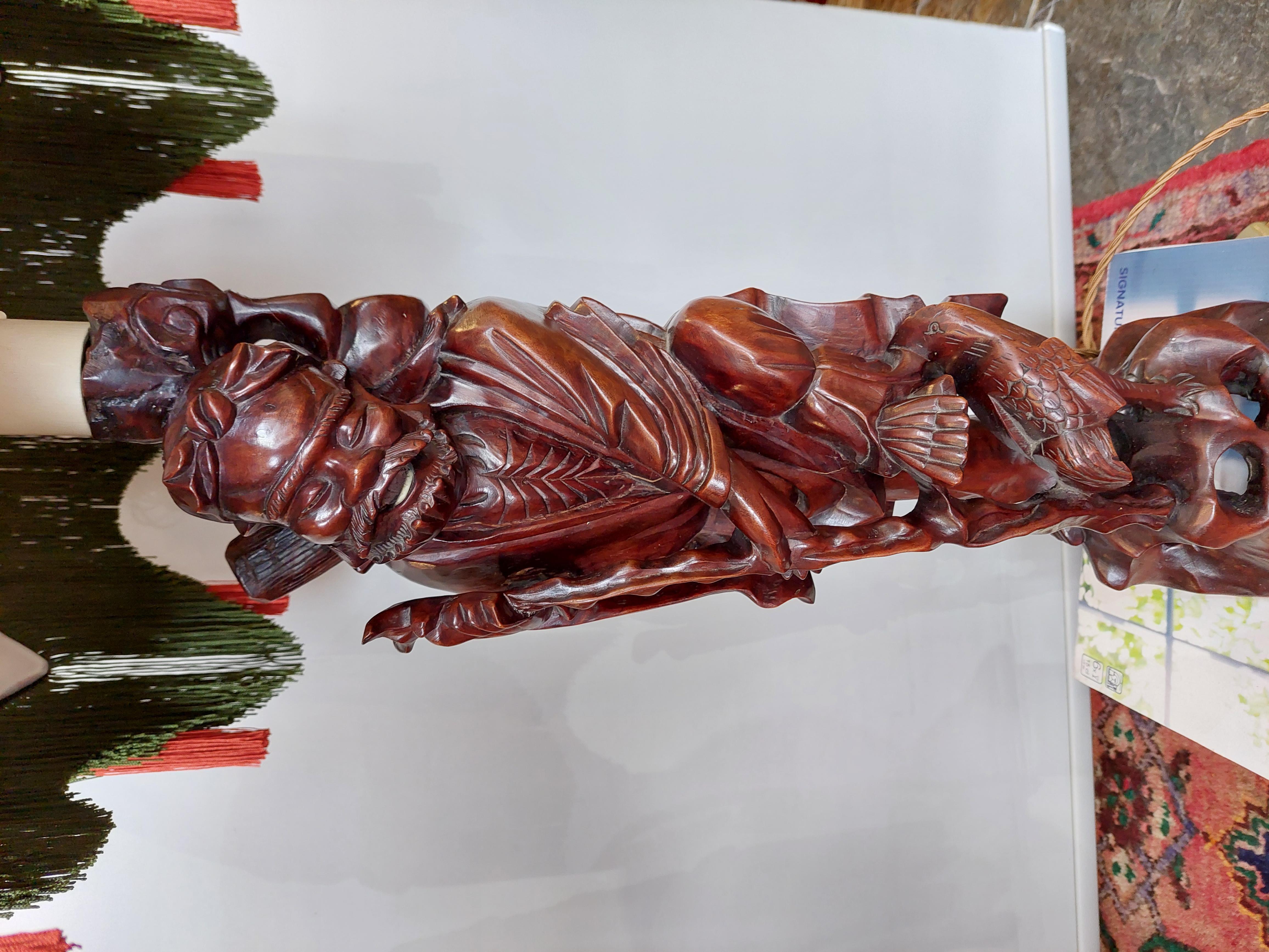 Pair of Chinese carved root wood figural lamp bases In Good Condition For Sale In Altrincham, GB