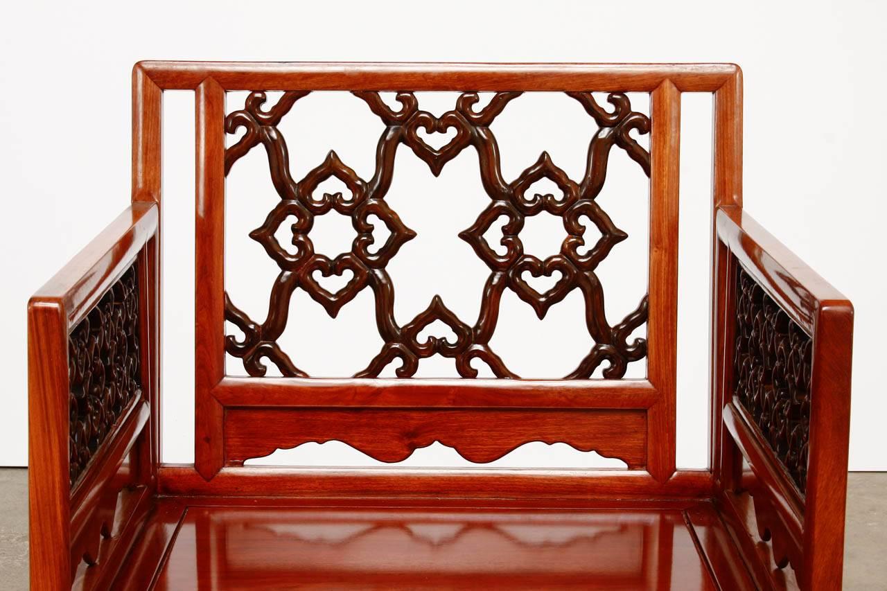 Chinese Export Pair of Chinese Carved Rosewood Lounge Chairs