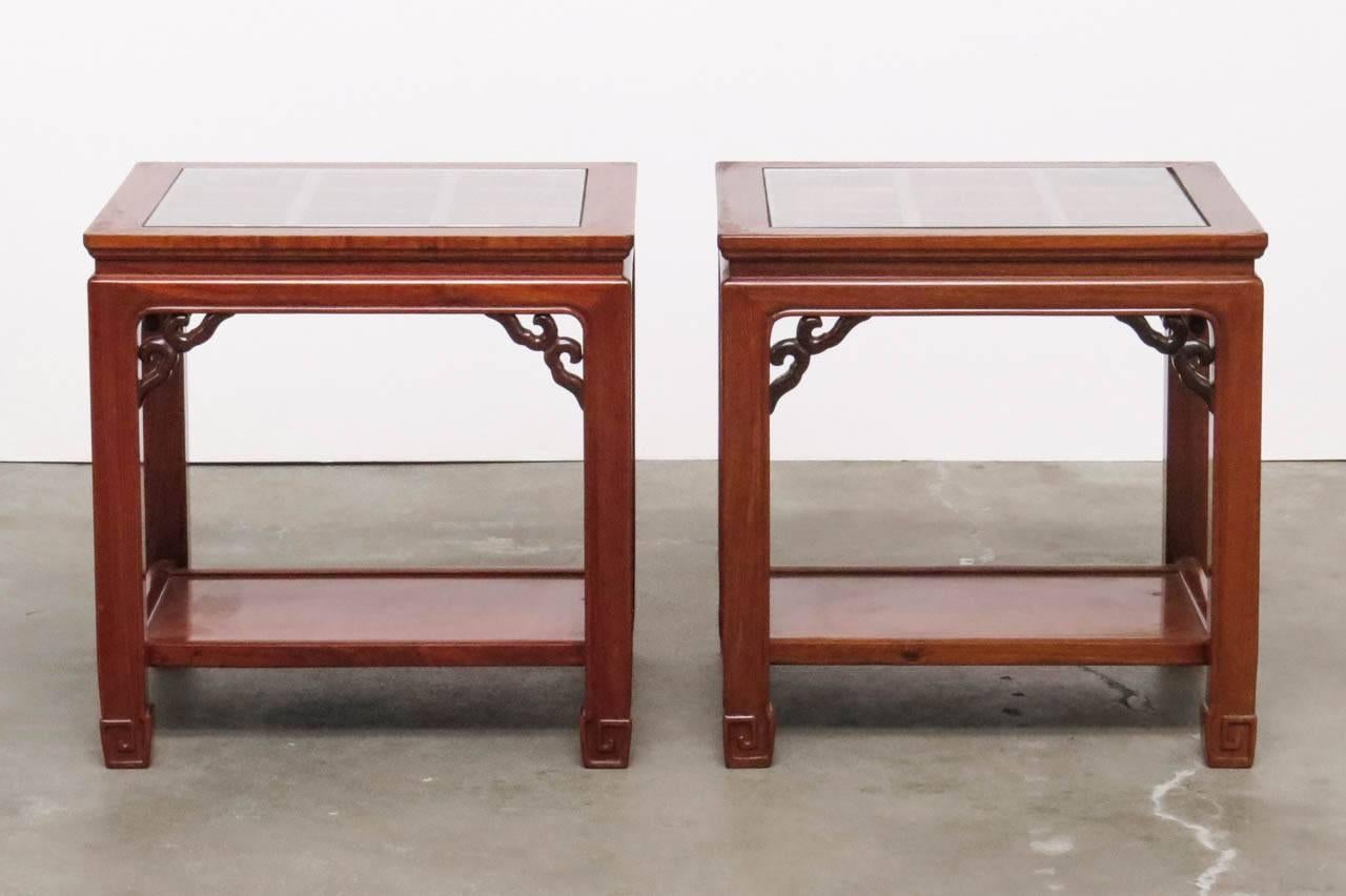 Chinese Export Pair of Chinese Carved Rosewood Side or End Tables