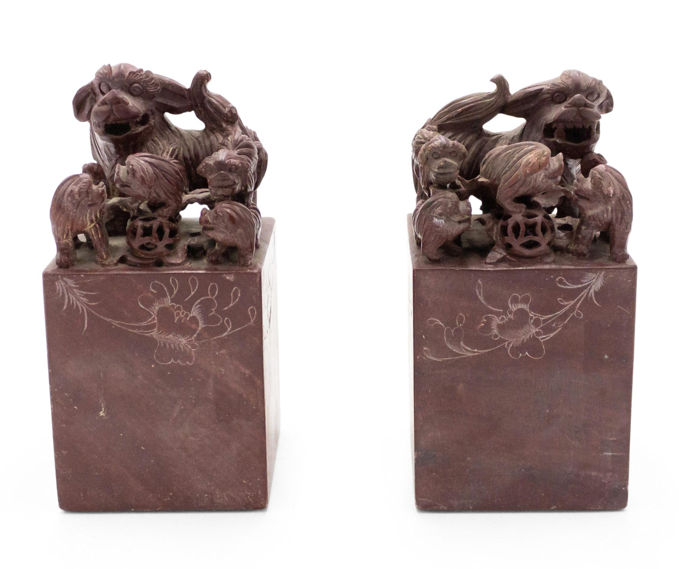 20th Century Pair of Chinese Carved Stone Dog Bookends For Sale