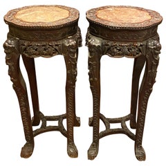Pair of Chinese Carved Teak Wood and Marble Pedestals