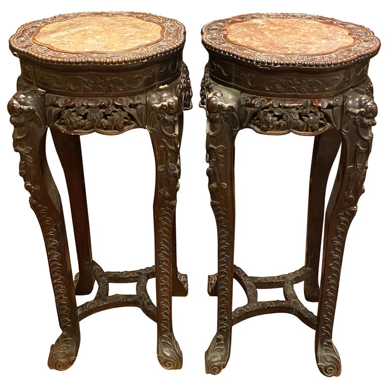 Pair of Chinese Carved Teak Wood and Marble Pedestals For Sale at 1stDibs